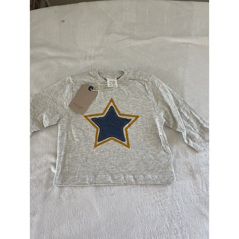 Zara Girls Baby Size 12-18 Months White/gray With Star Long Sleeve Shirt NEW